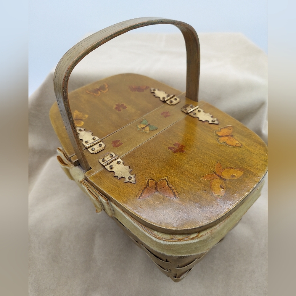 Vintage 60s Wood Picnic Style Basket Green Butterflys